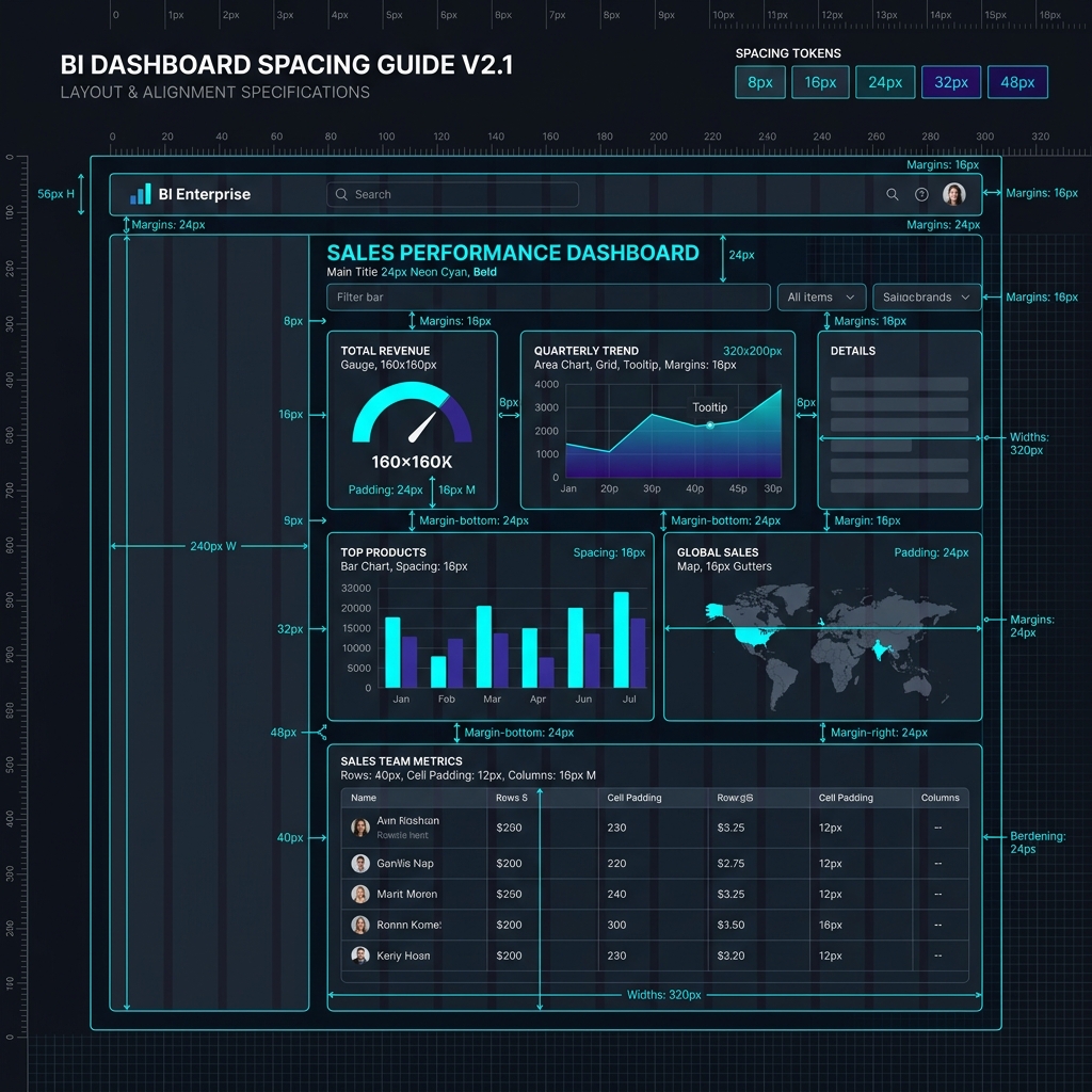 Production Dashboard Grid Spec Layout and Spacing Margin Guide Blueprint