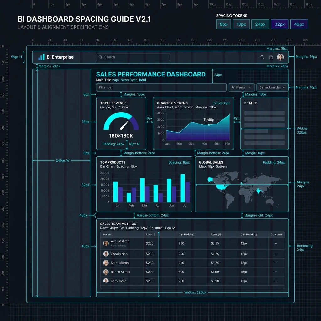 Production Dashboard Grid Spec Layout and Spacing Margin Guide Blueprint