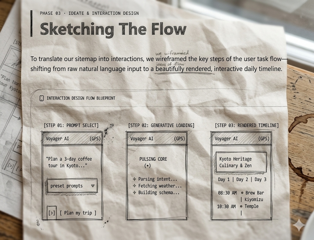 Voyager AI Sketched Wireframe Journey Flow