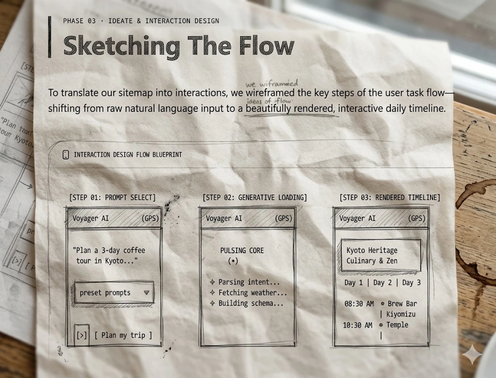 Voyager AI Sketched Wireframe Journey Flow